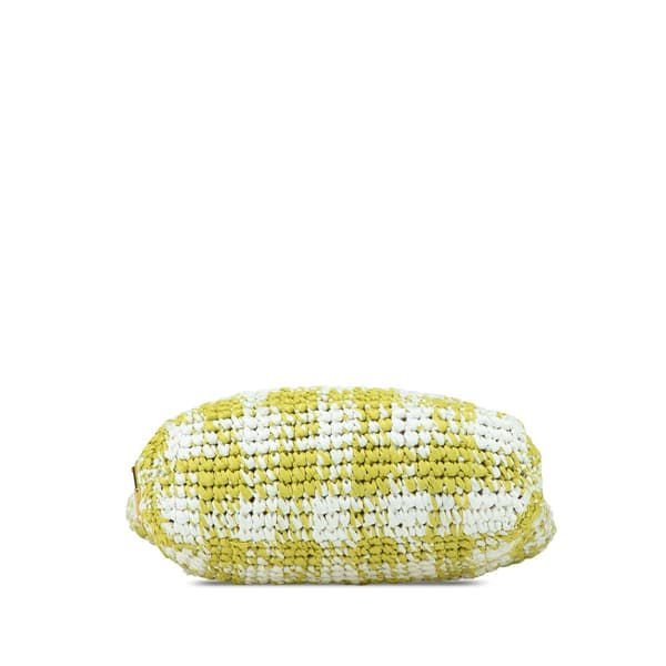 Pre-owned Prada Small Raffia Effect Crochet Embroidered Logo Tote Yellow