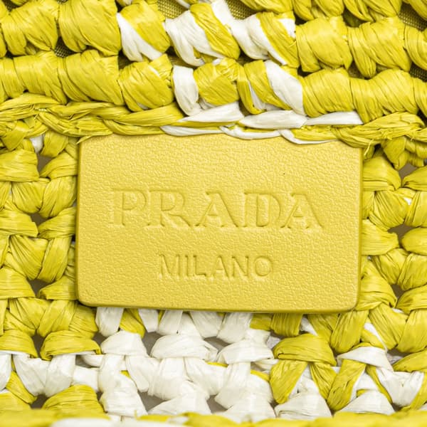 Pre-owned Prada Small Raffia Effect Crochet Embroidered Logo Tote Yellow
