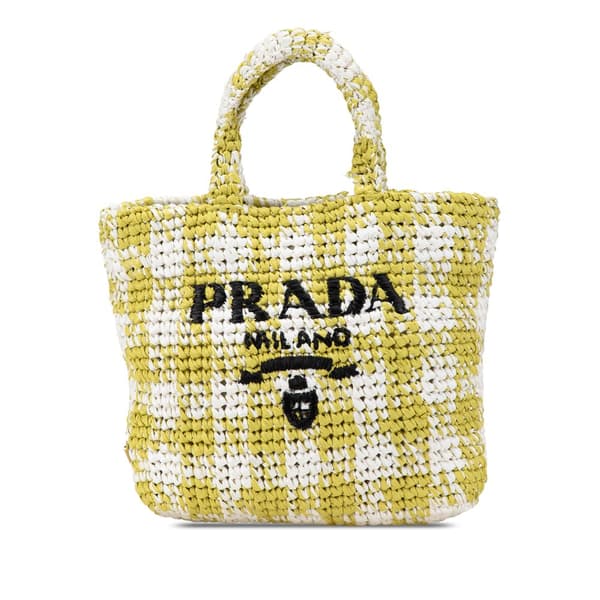 Pre-owned Prada Small Raffia Effect Crochet Embroidered Logo Tote Yellow