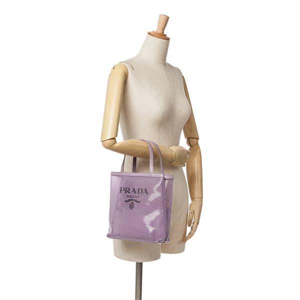 Pre-owned Prada Small Sequined Mesh Logo Tote Purple