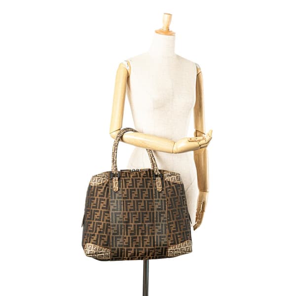 Pre-owned Fendi Large Zucca Canvas Mixed Media Tote Brown