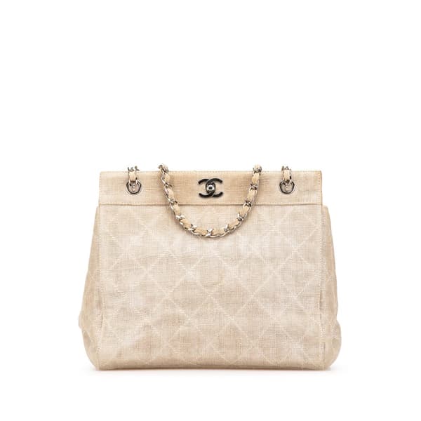 Pre-owned Chanel CC Stitched Linen Chain Tote Brown