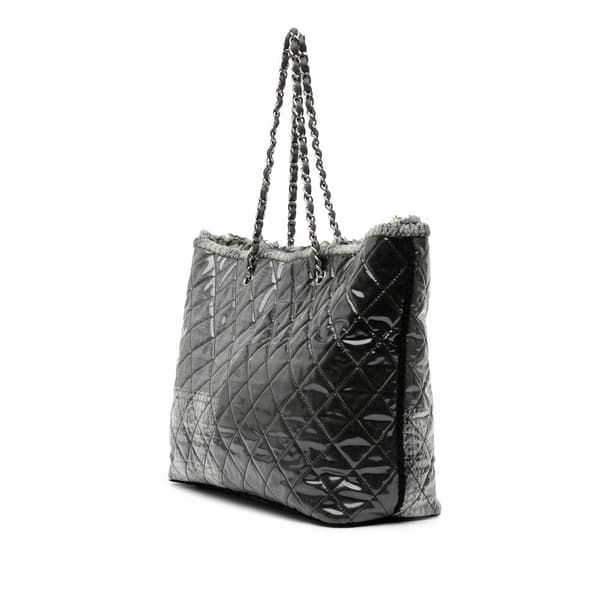 Pre-owned Chanel Large Quilted Tweed and Vinyl Funny Patchwork Tote Gray