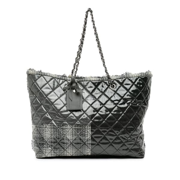 Pre-owned Chanel Large Quilted Tweed and Vinyl Funny Patchwork Tote Gray