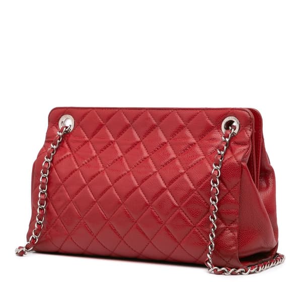 Pre-owned Chanel CC Quilted Caviar Frame Shopping Tote Red