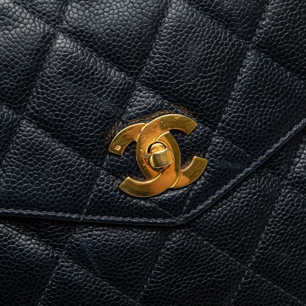 Pre-owned Chanel Quilted Caviar Front Pocket Chain Tote Blue