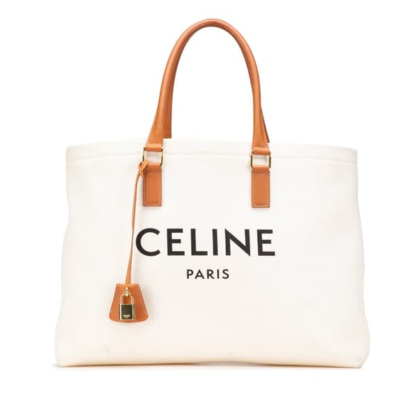 Pre-owned Celine Small Canvas Logo Print Horizontal Cabas Tote White