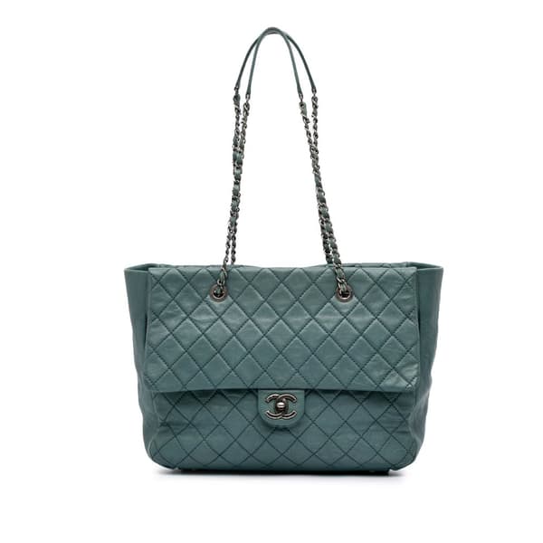 Pre-owned Chanel Large CC Quilted Washed Lambskin Front Flap Tote Blue