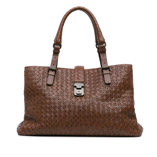 Pre-owned Bottega Veneta Large Chene Tratteggiato Intrecciato Roma Tote Brown