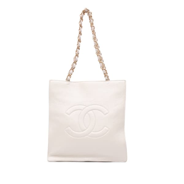 Pre-owned Chanel Shiny Aged Calfskin North South Shopping Tote White