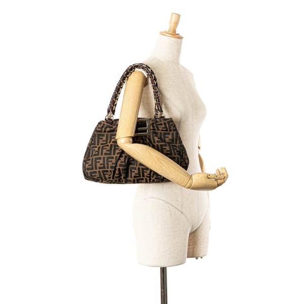 Pre-owned Fendi Small Zucca Canvas Mia Chain Tote Brown