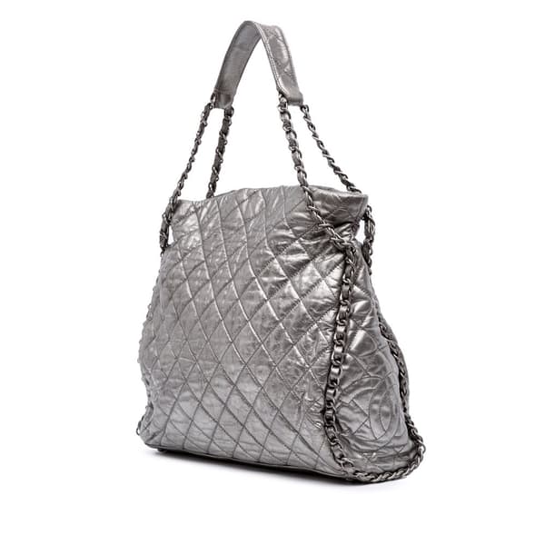 Pre-owned Chanel Large Quilted Metallic Calfskin Chain Me Hobo Silver