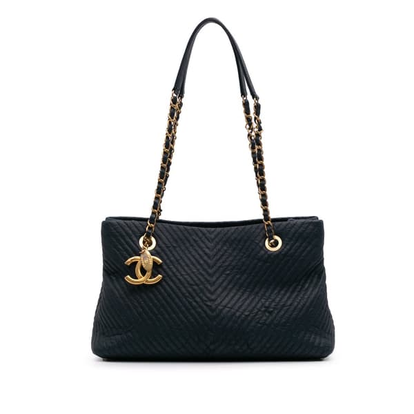Pre-owned Chanel Medium Chevron Wrinkled Calfskin Medallion Charm Tote Blue