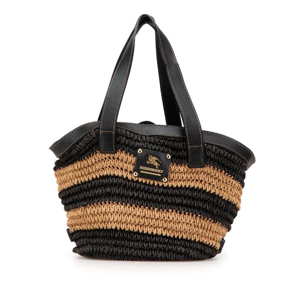 Pre-owned Burberry Striped Raffia Basket Bag Black