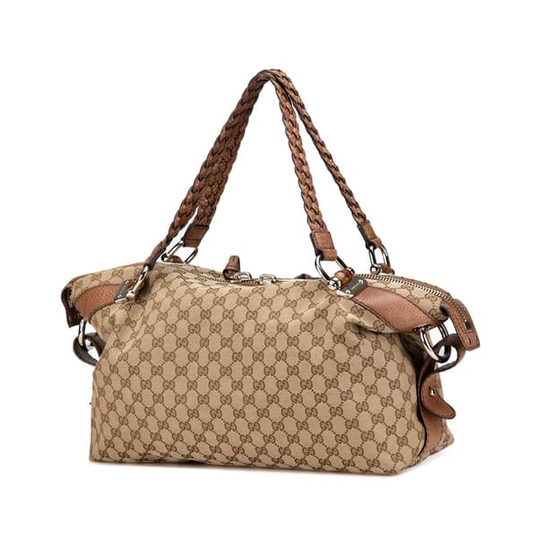 Pre-owned Gucci Medium GG Canvas Bamboo Bar Tote Brown