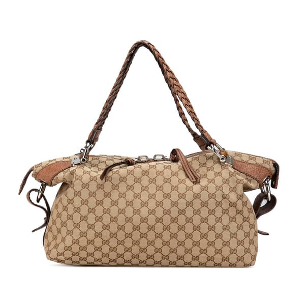 Pre-owned Gucci Medium GG Canvas Bamboo Bar Tote Brown