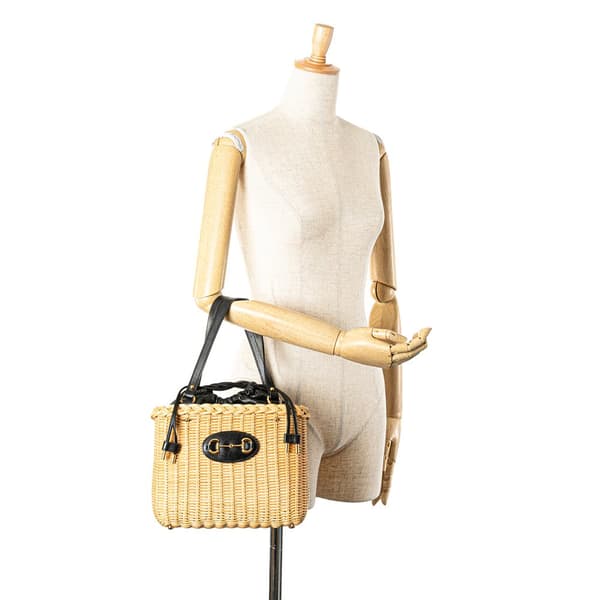 Pre-owned Gucci Wicker and Leather 1955 Horsebit Basket Bag Brown