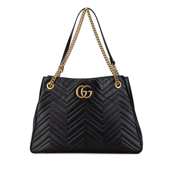 Pre-owned Gucci Medium GG Marmont Leather Matelasse Chain Tote Black