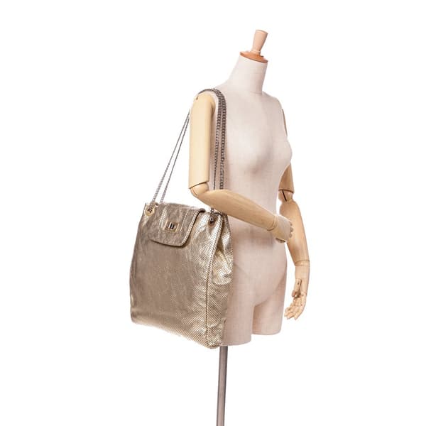 Pre-owned Chanel Perforated Crackled Metallic Calfskin Drill Tote Gold