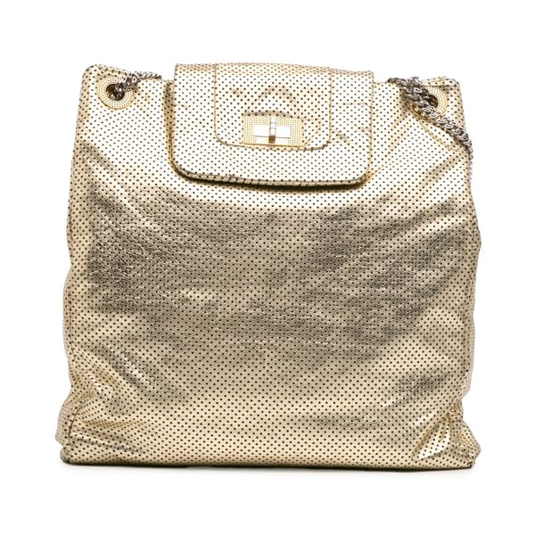 Pre-owned Chanel Perforated Crackled Metallic Calfskin Drill Tote Gold