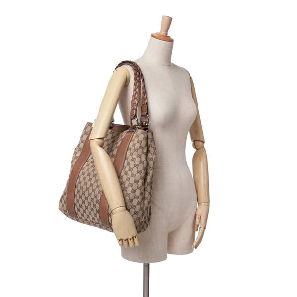 Pre-owned Gucci Large GG Canvas Bamboo Bar Tote Brown