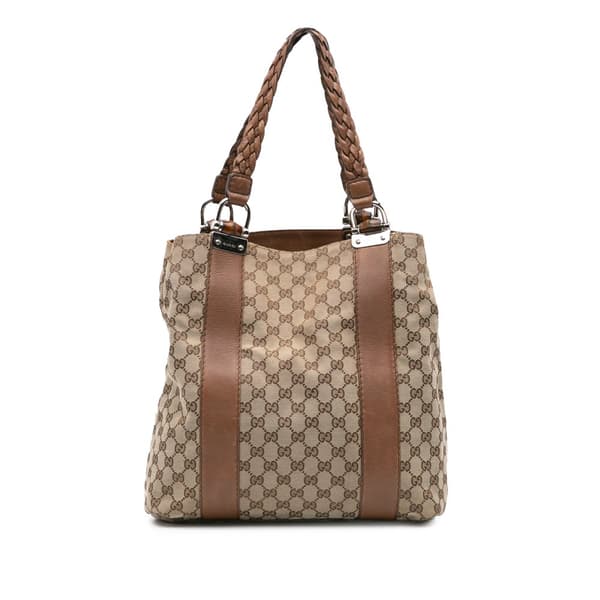 Pre-owned Gucci Large GG Canvas Bamboo Bar Tote Brown