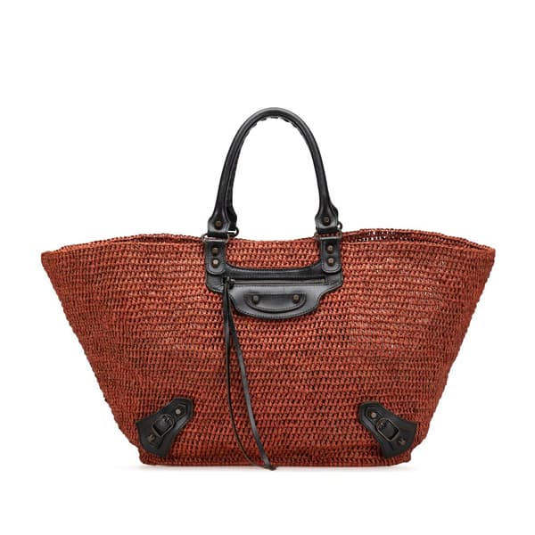 Pre-owned Balenciaga Large Raffia Motocross Classic Panier Tote Brown