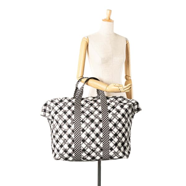 Pre-owned Chanel Printed Canvas Gingham Weekender Tote White