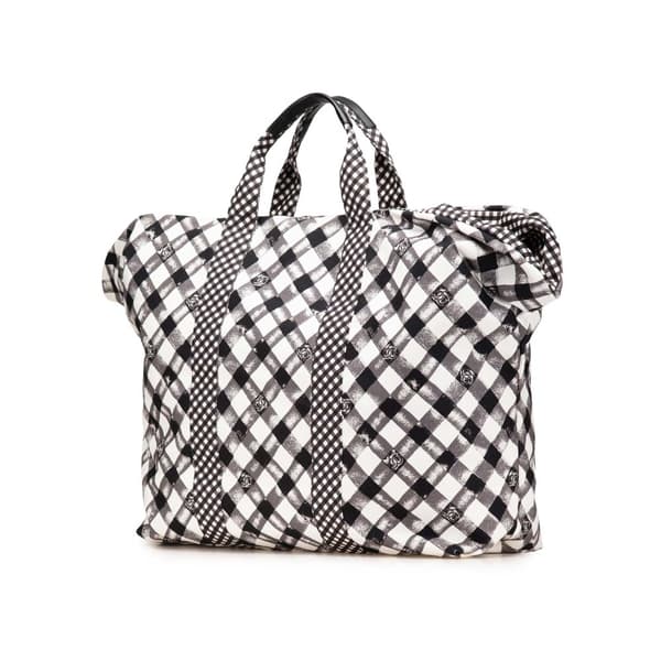 Pre-owned Chanel Printed Canvas Gingham Weekender Tote White