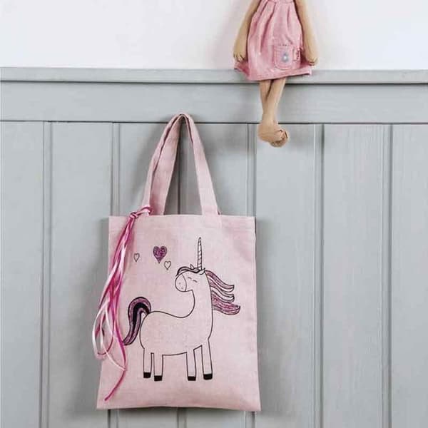 "Sac shopping - Ros - Enhörning - 20x25 cm - Bomull - Barn - Blandat"