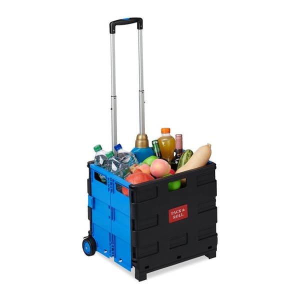 Relaxdays Fällbar shoppingvagn, handtag, gummihjul, 35 kg, marknadsvagn, aluminium, blå