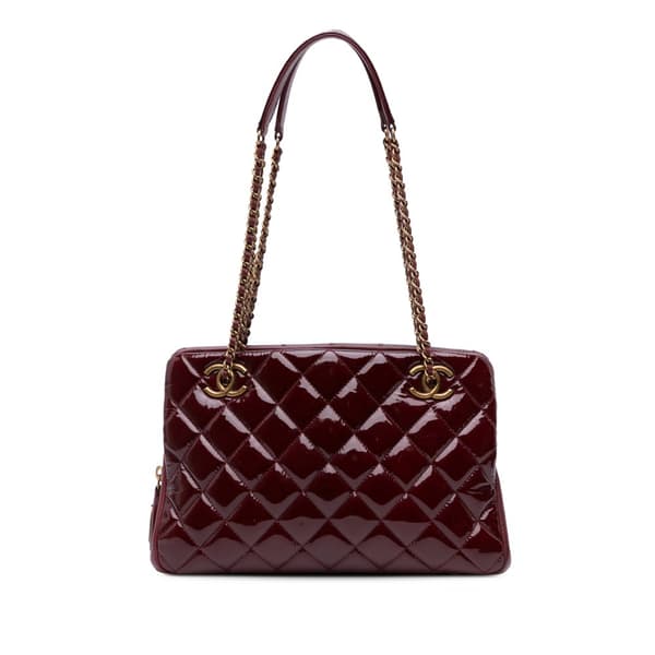 Pre-owned Chanel Paris Salzburg Small Patent and Goatskin CC Eyelet Tote Red