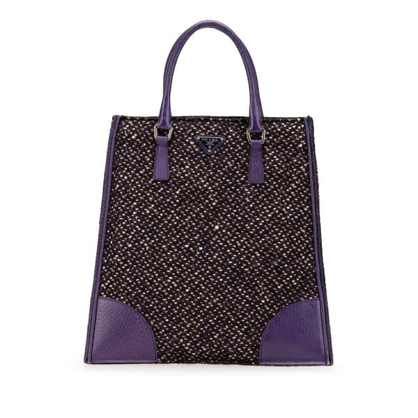 Pre-owned Prada Vitello Trimmed Tweed Flat Tote Purple