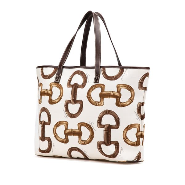Pre-owned Gucci Printed Canvas Horsebit Tote White