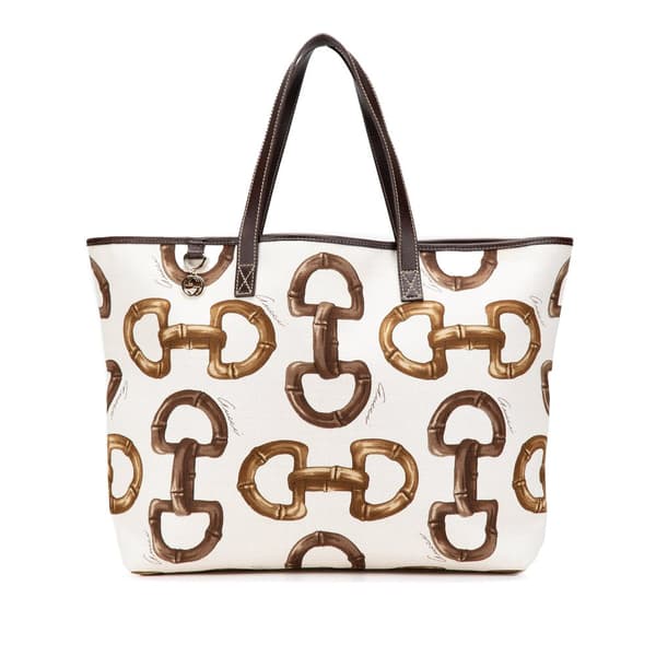 Pre-owned Gucci Printed Canvas Horsebit Tote White