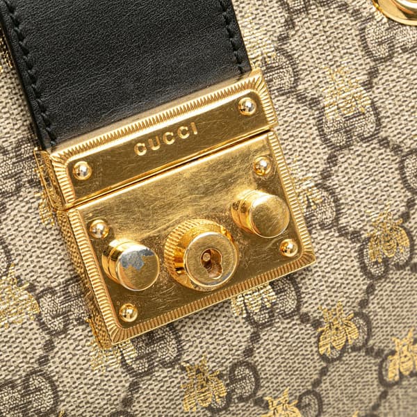 Pre-owned Gucci Small GG Supreme Bee Padlock Tote Brown
