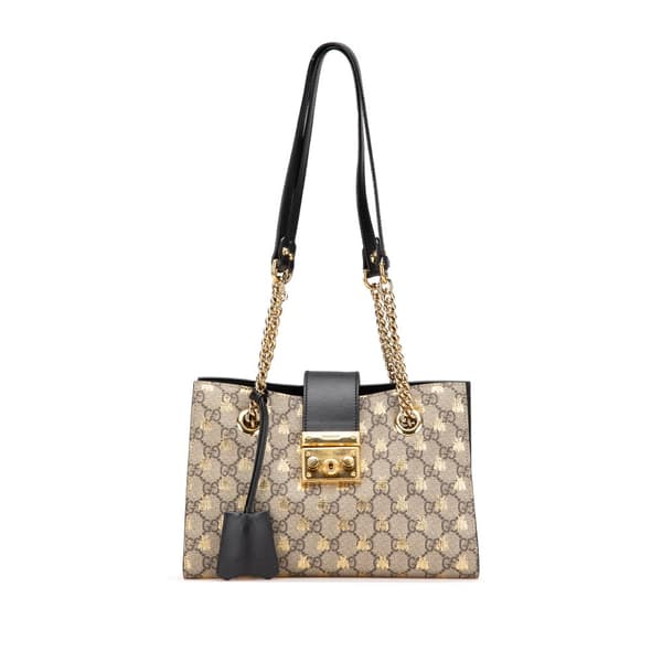Pre-owned Gucci Small GG Supreme Bee Padlock Tote Brown