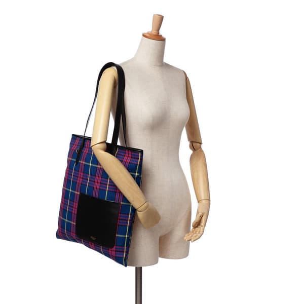 Pre-owned Mulberry Plaid Canvas Tote Blue