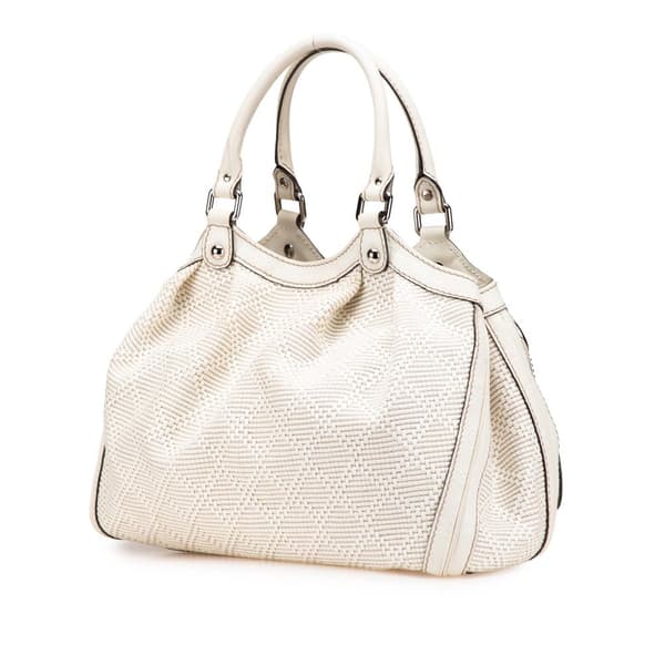 Pre-owned Gucci Medium Diamante Raffia Sukey Tote White