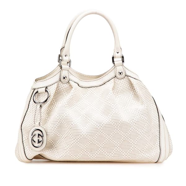 Pre-owned Gucci Medium Diamante Raffia Sukey Tote White