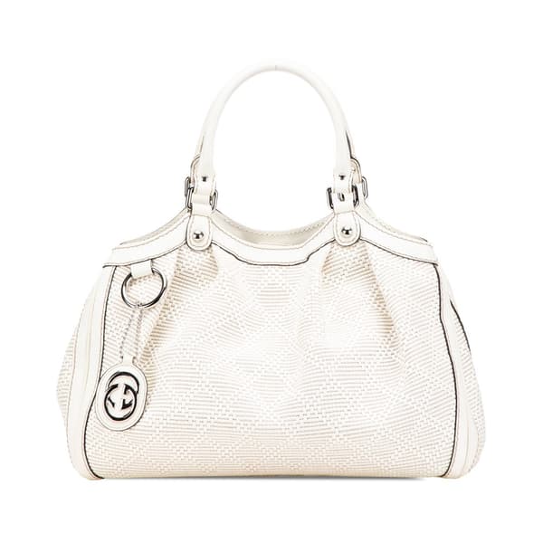 Pre-owned Gucci Medium Diamante Raffia Sukey Tote White