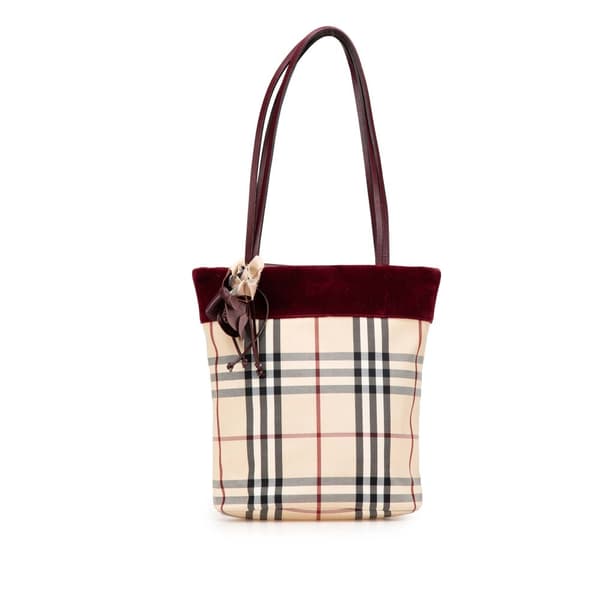 Pre-owned Burberry Velvet Trimmed House Check Canvas Tote Brown