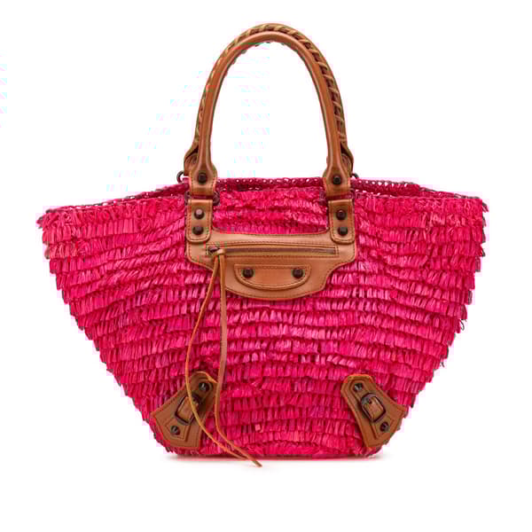 Pre-owned Balenciaga Small Raffia Motocross Panier Basket Tote Pink