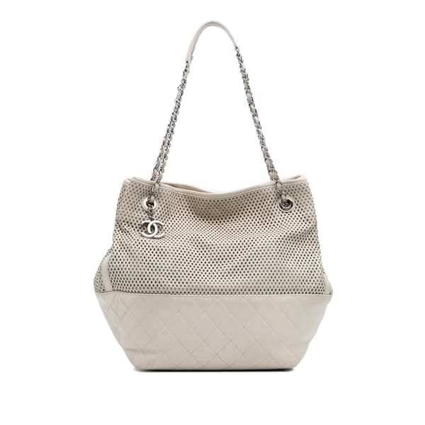 Pre-owned Chanel Perforated Calfskin Up In The Air North South Tote White