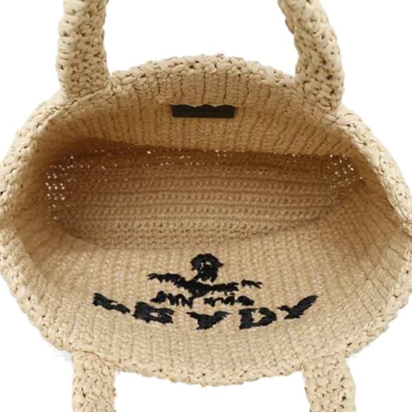 Pre-owned Prada Small Raffia Effect Crochet Embroidered Logo Tote Brown