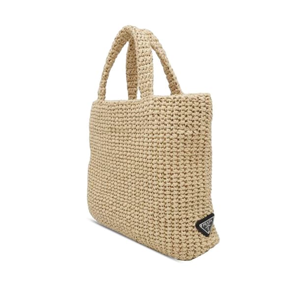 Pre-owned Prada Small Raffia Effect Crochet Embroidered Logo Tote Brown