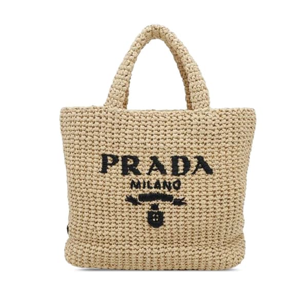 Pre-owned Prada Small Raffia Effect Crochet Embroidered Logo Tote Brown