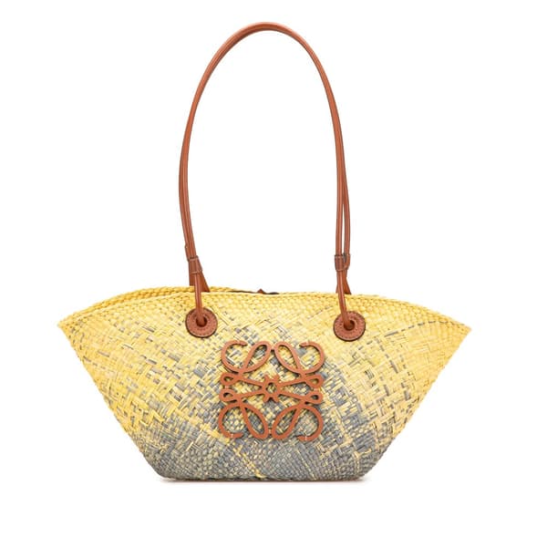 Pre-owned LOEWE Paula Ibiza Small Anagram Degrade Raffia Basket Tote Yellow