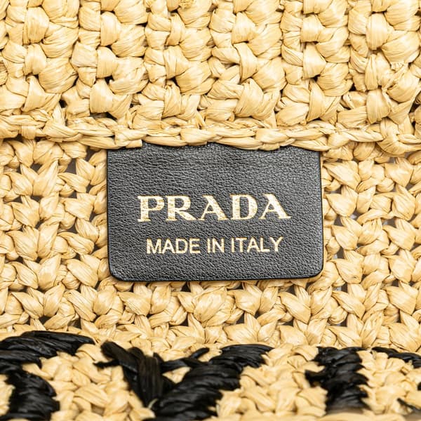 Pre-owned Prada Small Raffia Effect Crochet Embroidered Logo Tote Brown