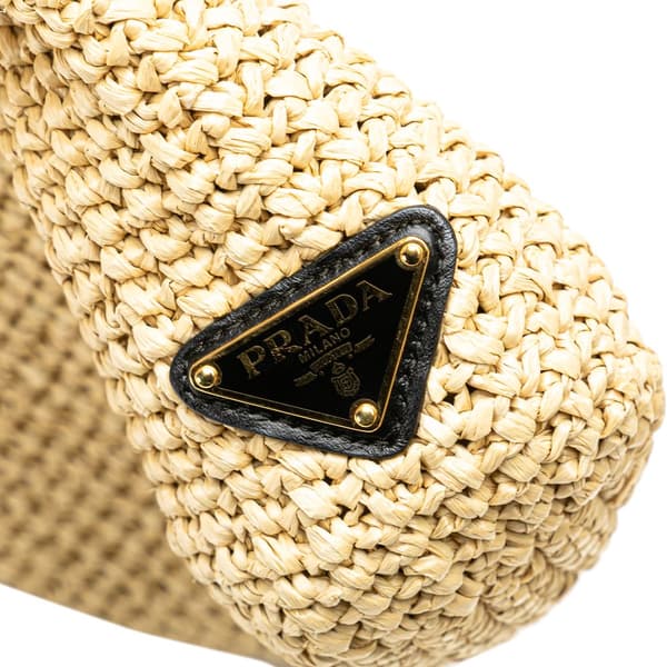 Pre-owned Prada Small Raffia Effect Crochet Embroidered Logo Tote Brown